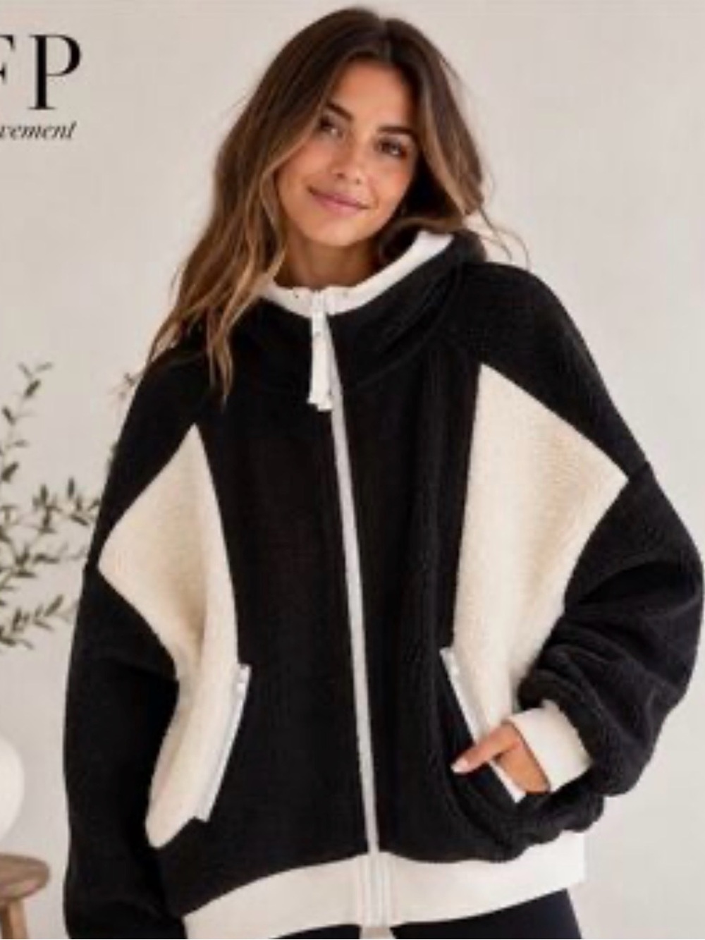 FP Movement by Free People Black & Cream Zip-Up Sherpa Jacket